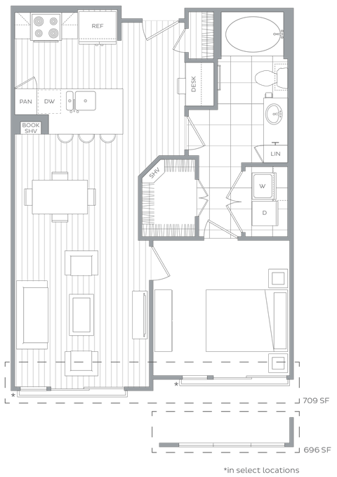 Floor plan for 1 bed, 1 bath, 709 sqft